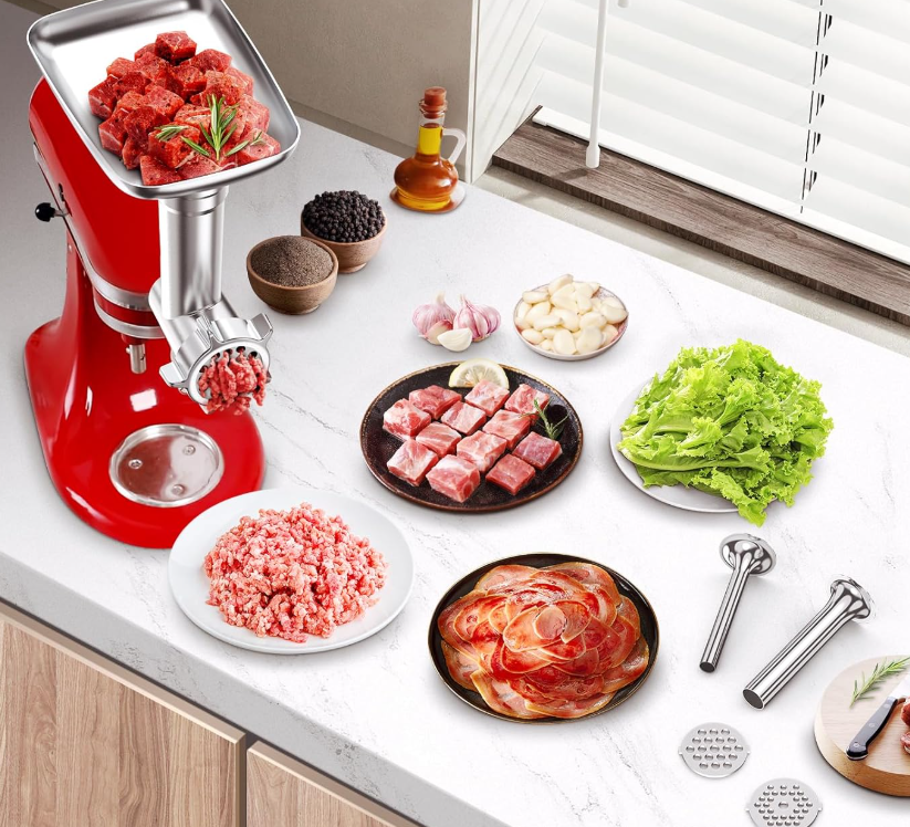 Metal Food Grinder Attachment for Stand Mixers, Meat Grinder Accessories Including Sausage Stuffer Tubes & Holder, Grinding Plates and Blades